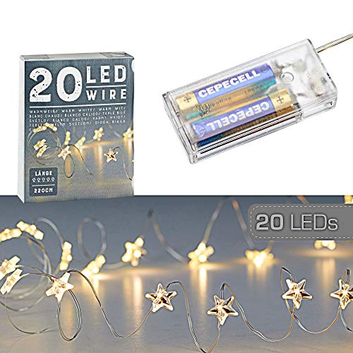 Cepewa Mikro Draht Lichterkette Stern warmweiß silber Batterie Deko Beleuchtung Weihnachten (1 x 20 LED Stern Mikro-Draht Lichterkette) von Cepewa