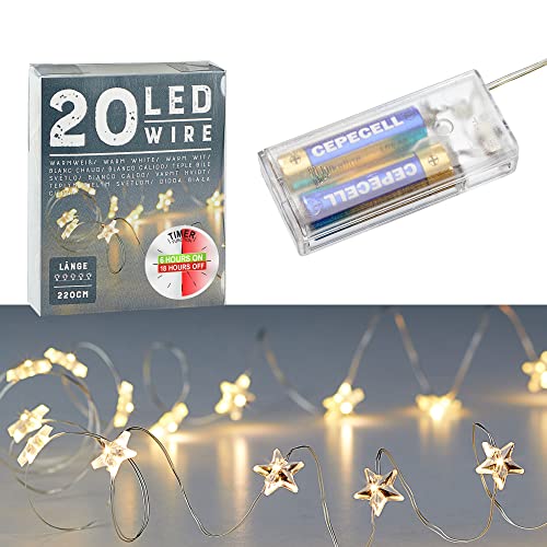 Cepewa Mikro Draht Lichterkette Stern warmweiß silber Batterie Deko Beleuchtung Weihnachten Timer (1 x 20 LED Stern Mikro-Draht Lichterkette 220cm) von Cepewa