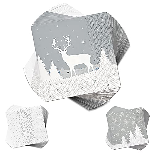 Servietten 60er Set │ Weihnachtsmotiv grau weiß │3lagige Papierserviette 33x33cm │stoffähnlich Tuch Partyzubehör (60er Set Serviette "Christmas") von Cepewa