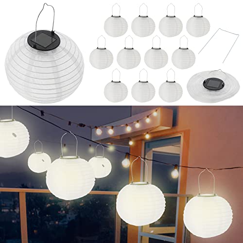 Solarlampion LED 12er Set │ Ø 20cm weiß Organza Kunststoff Draht │ Laterne mit Solarpanel Gartendekoration (1 x 12er Set LED Lampion weiß Ø20cm) von Cepewa