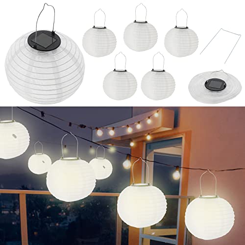 Solarlampion LED 6er Set │ Ø 20cm weiß Organza Kunststoff Draht │ Laterne mit Solarpanel Gartendekoration (1 x 6er Set LED Lampion weiß Ø20cm) von Cepewa