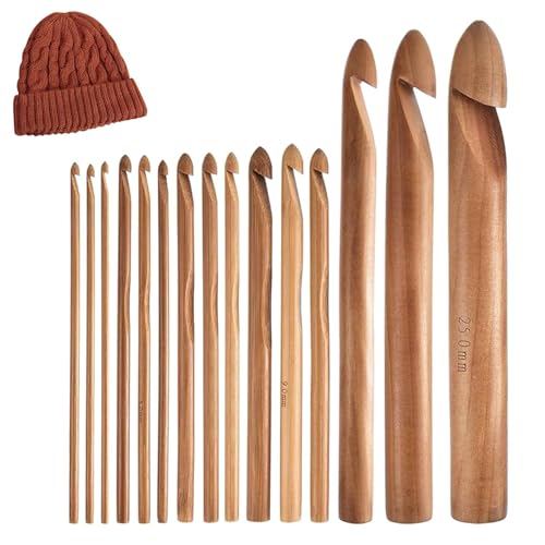 Ceprznvey Häkelnadeln für Anfänger, 15 Stück Häkelnadeln, 3 bis 25 mm lange Häkelnadeln, lange Stricknadeln, ergonomische Häkelnadel-Set, Holz für Anfänger, von Ceprznvey