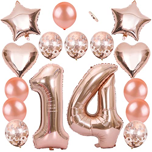 Ceqiny 16 Stück Roségold Luftballon Kit 14. Geburtstag Partyballon 40" Zahl 14 Folienballon 12" Helium Konfetti Latexballons 18" Herz Sterne Mylar Ballons Dekorationen für Mädchen Kinder Tochter von Ceqiny