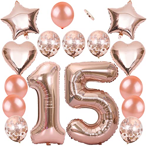 Ceqiny 16 Stück Roségold Luftballon Kit 15. Geburtstag Partyballon 40" Zahl 15 Folienballon 12" Helium Konfetti Latexballons 18" Herz Sterne Mylar Ballons Dekorationen für Mädchen Kinder Tochter von Ceqiny