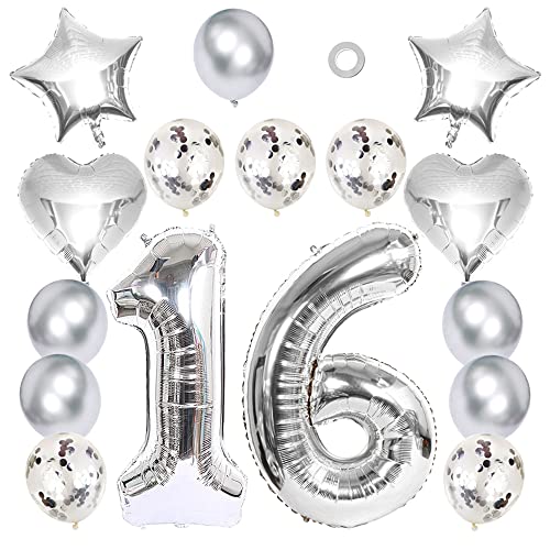 Ceqiny 16 Stück Silber Luftballon Kit 16. Geburtstag Partyballon 40" Zahl 16 Folienballon 12" Helium Konfetti Latexballons 18" Herz Sterne Mylar Ballons Dekorationen für Mädchen Kinder Tochter von Ceqiny