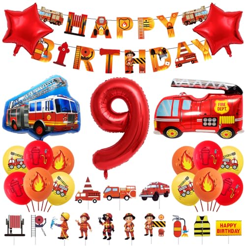 Geburtstagsdeko 9 Jahre Junge Feuerwehr Geburtstag Deko Feuerwehrwagen Folienballon Deko Kindergeburtstag Feuerwehrauto Luftballons Kuchendeko für Babyshower Jungen Party Dekoration von Ceqiny