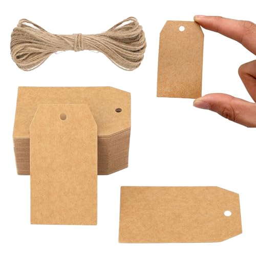 Kraftpapier Etiketten, Geschenkanhänger Kraftpapier, Kraftpapier Anhänger, 100 Stück Beschriften Papieranhänger Mit 20m Jute Schnur, Geschenk Anhänger Braun, Kraftpapier Etiketten Tags von Cerioll