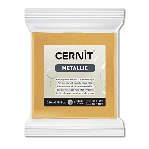 Cernit CE0870250050C - Block Modelliermasse (Polymer) METALLIC, ofenhärtend, sofort gebrauchsfähig, 250g, ideal für DIY, Schmuck & Figuren, für Einsteiger und Hobbykünstler, Gold, 1 Stück von Cernit