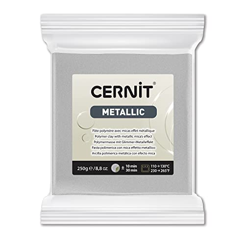 Cernit CE0870250080C - Block Modelliermasse (Polymer) METALLIC, ofenhärtend, sofort gebrauchsfähig, 250g, ideal für DIY, Schmuck & Figuren, für Einsteiger und Hobbykünstler, Silber, 1 Stück von Cernit