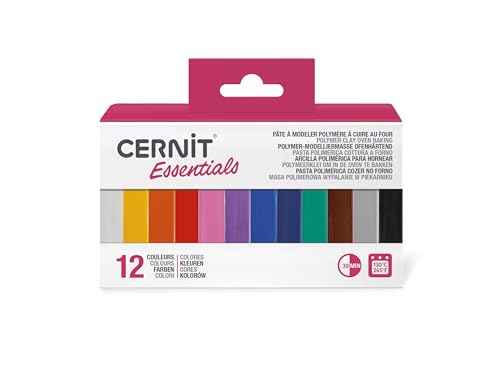 Cernit CEASS001C - Set mit 12 Farben Ofenhärtende Polymer-Modelliermasse Essentials, ideal für Bastelaktivität, Mehrfarbig, 1 Set von Cernit