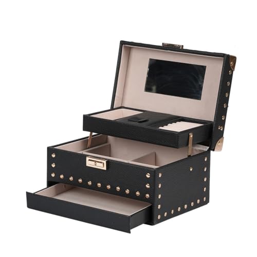 Cetfuro Neue 3-Lagige Schmuckschatulle mit Schloss, Pu-Leder, Ohrring-Box, Ring-Schmuckschatulle, Schmuck-Display-Box, Schmuckschatulle, Schwarz von Cetfuro