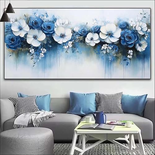 Blau Malen Nach Zahlen Erwachsene Kit, Malen Nach Zahlen Blume Anfänger DIY Paint by Numbers mit Pinseln und Acrylfarben, DIY Ölgemälde Leinwand Basteln Set für Wall Deco (Ohne Rahmen) 20x60cm V-466 von Cexeqee