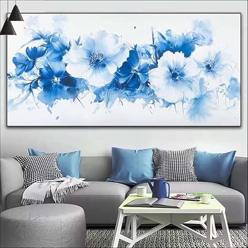 Blau Malen Nach Zahlen Erwachsene Kit, Malen Nach Zahlen Blume Anfänger DIY Paint by Numbers mit Pinseln und Acrylfarben, DIY Ölgemälde Leinwand Basteln Set für Wall Deco (Ohne Rahmen) 20x60cm V-465 von Cexeqee