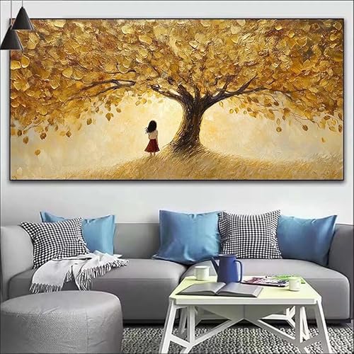 Gold Malen Nach Zahlen Erwachsene Kit, Malen Nach Zahlen Baum Anfänger DIY Paint by Numbers mit Pinseln und Acrylfarben, DIY Ölgemälde Leinwand Basteln Set für Wall Deco (Ohne Rahmen) 20x60cm V-503 von Cexeqee