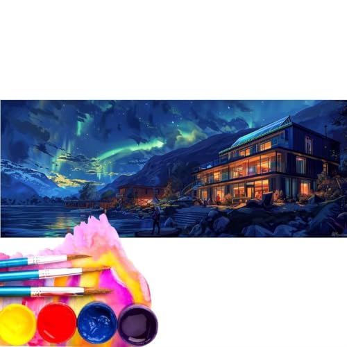 Malen Nach Zahlen Aurora Borealis Haus DIY Malen nach Zahlen für Erwachsene, DIY Öl Leinwand Gemälde Anfänger, Malen Nach Zahlen mit Pinseln und Acrylfarben, für Home Décor (Rahmenlos) 70x140cm wk-648 von Cexeqee