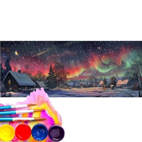 Malen Nach Zahlen Aurora Borealis Hütte DIY Malen nach Zahlen für Erwachsene, DIY Öl Leinwand Gemälde Anfänger, Malen Nach Zahlen mit Pinseln und Acrylfarben, für Home Décor (Rahmenlos) 20x60cm wk-164 von Cexeqee