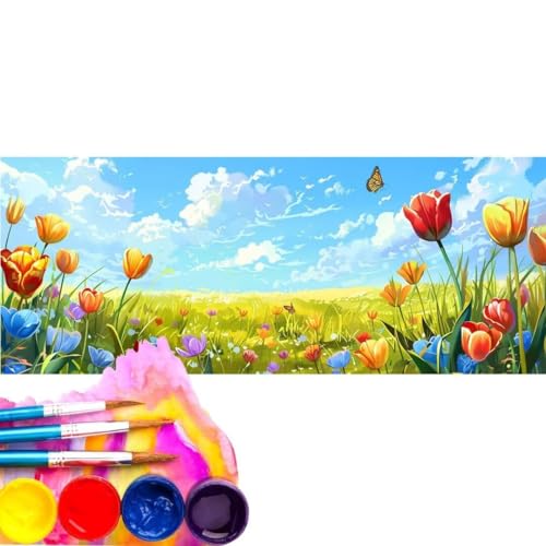 Malen Nach Zahlen Erwachsene Kit, Malen Nach Zahlen Blume Wiese Anfänger mit Pinseln und Acrylfarben, DIY Handgemalt Ölgemälde Basteln Set für Anfänger für Home Wall Deco (Rahmenlos) 20x60cm wk-467 von Cexeqee