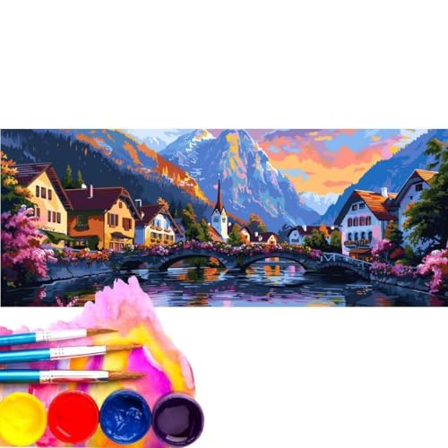 Malen Nach Zahlen Erwachsene Kit, Malen Nach Zahlen Dorf Landschaft Anfänger mit Pinseln und Acrylfarben, DIY Handgemalt Ölgemälde Leinwand Basteln Set für Home Wall Deco (Rahmenlos) 100x200cm wk-89 von Cexeqee