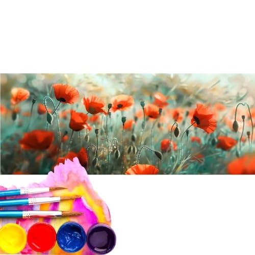 Malen Nach Zahlen Erwachsene Kit, Malen Nach Zahlen Mohn Anfänger mit Pinseln und Acrylfarben, DIY Handgemalt Ölgemälde Leinwand Basteln Set für Anfänger für Home Wall Deco (Rahmenlos) 20x60cm wk-159 von Cexeqee