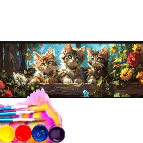 Malen Nach Zahlen Erwachsene Kit, Malen Nach Zahlen Niedlich Katze Anfänger mit Pinseln und Acrylfarben,DIY Handgemalt Ölgemälde Basteln Set für Anfänger für Home Wall Deco (Rahmenlos) 20x60cm wk-143 von Cexeqee