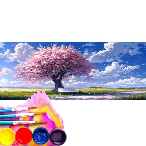 Malen Nach Zahlen Erwachsene Kit, Malen Nach Zahlen Rosa Baum Anfänger mit Pinseln und Acrylfarben, DIY Handgemalt Ölgemälde Leinwand Basteln Set für Anfänger für Home Deco (Rahmenlos) 70x140cm wk-157 von Cexeqee