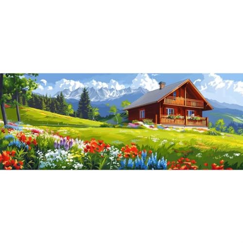 Malen Nach Zahlen Erwachsene Kit,Malen Nach Zahlen Wald Hütte Anfänger DIY Paint by Numbers mit Pinseln und Acrylfarben,DIY Handgemalt Ölgemälde Set für Anfänger,Home Wall Deco (Ohne Rahmen) 50x150cm von Cexeqee