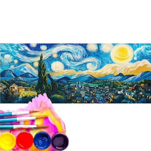 Malen Nach Zahlen Sternenhimmel Mond DIY Malen nach Zahlen für Erwachsene, DIY Öl Leinwand Gemälde Anfänger, Malen Nach Zahlen mit Pinseln und Acrylfarben, für Home Décor (Rahmenlos) 20x60cm wk-146 von Cexeqee