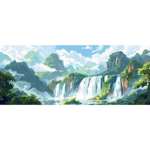 Malen Nach Zahlen Wasserfall Landschaft DIY Malen nach Zahlen für Erwachsene, DIY Öl Leinwand Gemälde Anfänger,DIY Malen Nach Zahlen mit Pinseln und Acrylfarben, für Home Décor (Ohne Rahmen) 90x260cm von Cexeqee