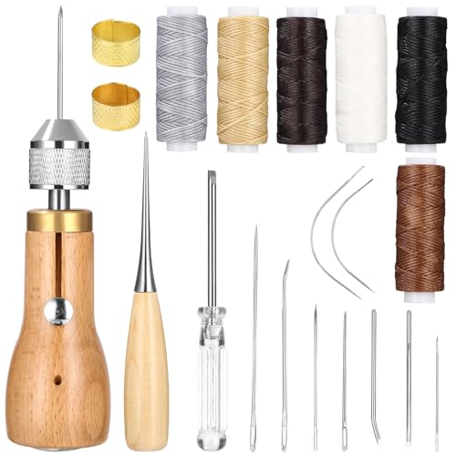 Cexovo Leder-Nähset,Leder Werkzeuge Set Leder NäHmaschine Enthalten Leder Nähahle,Hand Ledernadeln,6 Rollen Leder Wachsfaden,7pcs Nadel,Messingring,Spule,Greifer,Leder Werkzeuge Set für DIY Handwerk von Cexovo