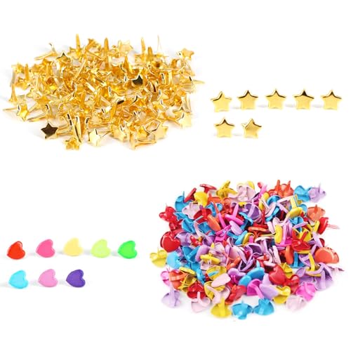 ChAusa 200 Stück Mini Brads, Stern Gold Musterklammern + Bunte Herzen Verschlussklammern, Metall Papierverschlüsse,Musterbeutelklammern, für Basteln, Verzierungen und DIY (2 Größen) von ChAusa