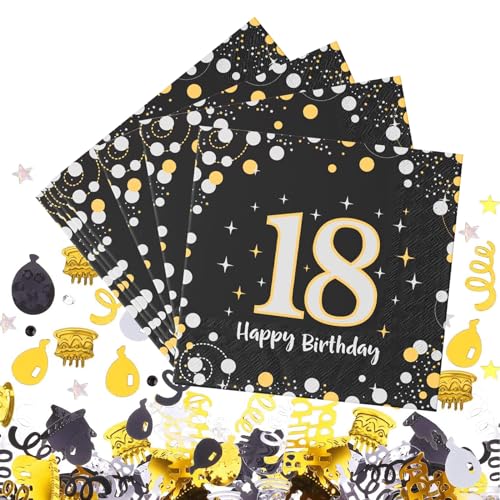 ChAusa 40 Stück Schwarz Gold Jubiläum Servietten 18 Geburtstag Mädchen Servietten mit Konfetti Set Happy Birthday Deko Servietten 33 × 33 cm für Junge Mädchen Geburtstag Feiern Party Jubiläum von ChAusa