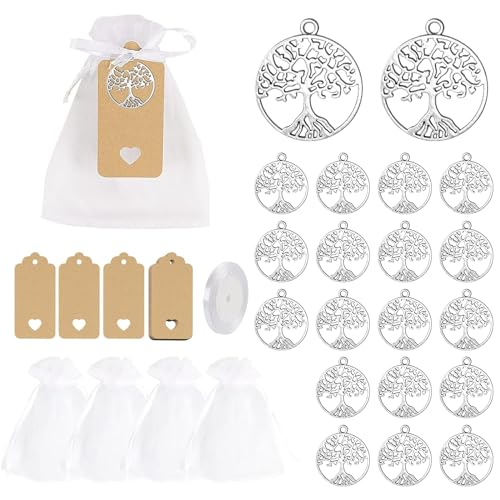 ChAusa 91 Stück Gastgeschenke Taufe, 30 Pcs Schutzengel Anhänger, 30 Pcs Weißem Organza Beutel, 30 Pcs Kraftpapier Anhänger und 1 Rolle Band, für Glücksbringer, Geschenke, Taufen, Hochzeiten von ChAusa