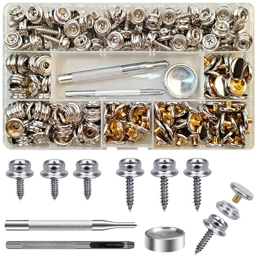 70 Set Druckknöpfe zum Schrauben, 15mm/10mm Edelstahl Druckknopf Schraubbar mit Fixierwerkzeug Kit für Planen, Schiffe, Möbel, Segeltuch, Autozelte (Silber, 15mm/10mm) von ChaliGoo