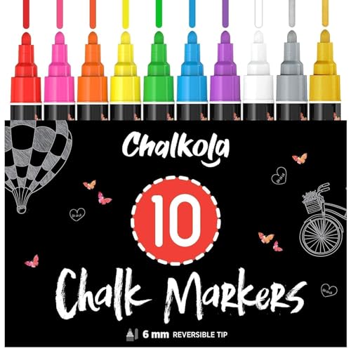 Chalkola 10 Kreidestifte für Tafel Abwaschbar - (10 Stifte, 6mm Kreidestift) Kreidestifte für Fenster, Tafelkreide & Glasstifte, Chalk Marker, Kreidemarker Abwischbar, Fensterfarben Kinder von Chalkola