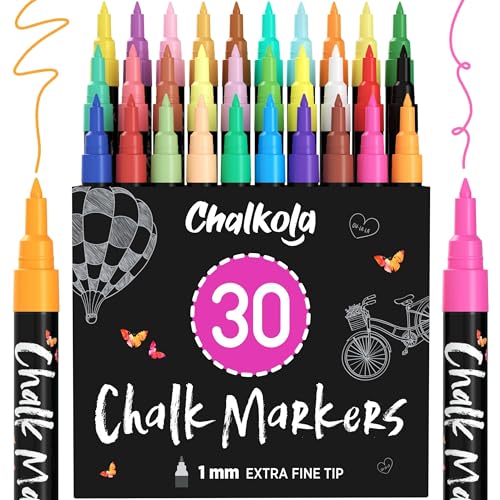 Chalkola 30 Kreidestifte für Tafel & Fenster 1mm | inkl. Neon Farben | Ideal als Kreidestift, Kreidemarker, Folienstift, Glasmalstifte, Tafelstift & Whiteboard Marker, Stift | Feucht abwischbar von Chalkola