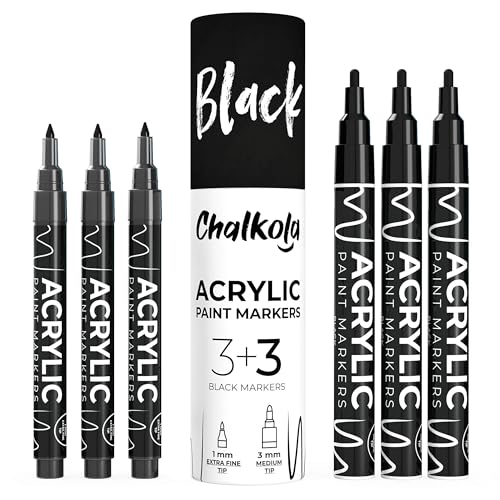 Chalkola 6 Schwarze Acrylstifte für Steine, Glas, Holz, Leinwand - Acryl Marker mit der 1mm Extra Feine Spitze und 3mm Umkehrbare Spitze, Die Acryl Stifte sind Ideal für Erwachsene und auch Kinder von Chalkola