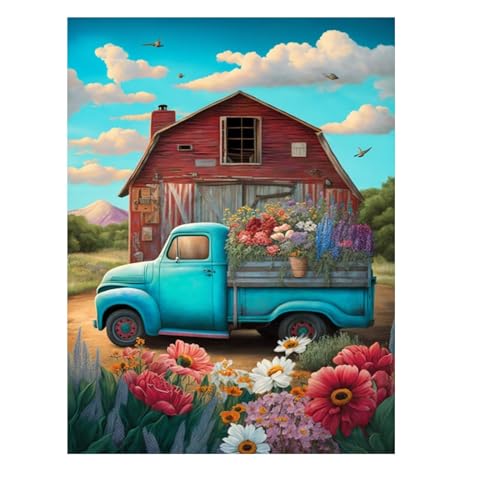 Blue Truck Diamond Painting Kit für Erwachsene, Scheune und Blumen Diamant Malerei Kit, DIY 5D Diamond Painting Diamond Art Kit Home Wall Decor Crafts 20,3 x 30,5 cm von Champi