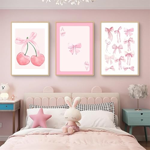 3er Set bilder kinderzimmer mädchen, Ästhetische Rosa Fliege Kirsche Wandbilder, Babyzimmer Personalisiert Wandbilder, Leinwand Wandbilder, Wandposter für Kinderzimmer, Ohne Rahmen (40*50 cm) von Champracer