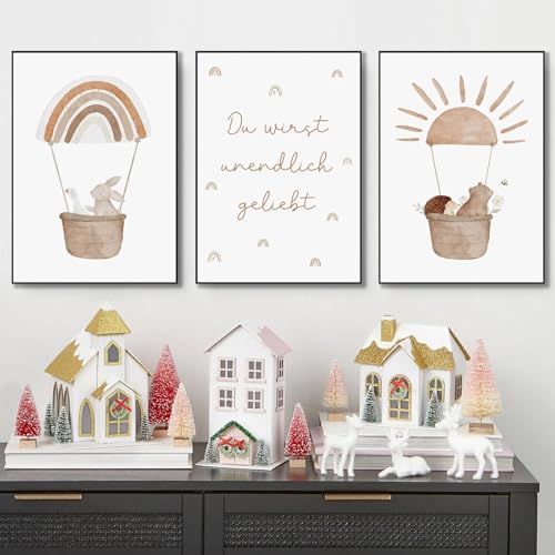 Champracer Wandbilder Kinderzimmer Poster 3er Set, Boho Heißluftballon Poster, Lustige Tiere Wandposter, bilder kinderzimmer, Wanddeko Babyzimmer Deko, Ohne Rahmen (21 * 30 cm) von Champracer