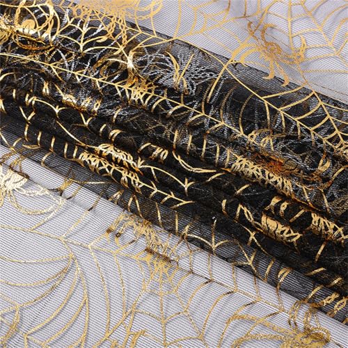 Halloween Schwarzer Spinnennetz Stoff, 150 x 180 cm Spinnennetz Netzstoff, Halloween Tüllstoff, Schwarze Netzstoff, Dekostoff Tüll für Halloween Dekorationen Party DIY (Gold) von Champracer