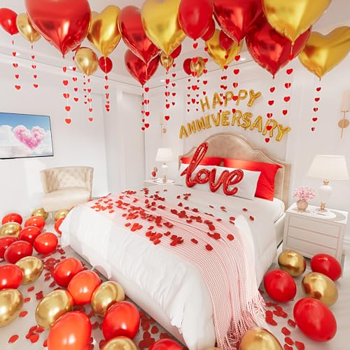 Jubiläumsdekorationen, Happy Anniversary Banner, rote hängende Schnurherzen, rote und goldene Luftballons, Liebesballon, rote Seidenrosenblätter für Hochzeit, Brautparty, Junggesellinnenabschied, von Chamrrille