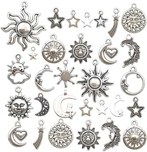 Chandler 80 Stück/Set Bastelbedarf, gemischte kleine antike, silberne Sonne, Mond, Sterne, Anhänger zum Basteln, Schmuckherstellung für DIY Halskette und Armband von Chandler