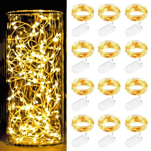 ChaneeHann 12 Stück Lichterkette, 2m 20 LED Lichterkette Batterie Kupfer Drahtlichterkette, Lichterkette Draht mit Batterie, für Weihnachten, Hochzeit, Party, Garten, Außen, Innen, DIY(Warm weiß) von ChaneeHann