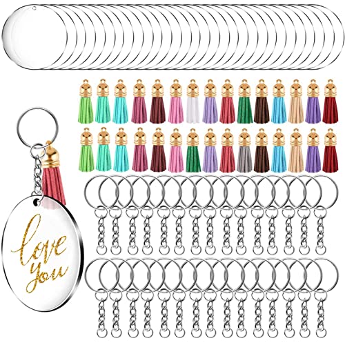 90 Stück Acryl Transparent Schlüsselanhänger Ringe Set, 30 klare runde Acryl Rohlinge Scheiben 30 Schlüsselringe mit Kette 30 bunte Lederquasten Anhänger für DIY Schlüsselanhänger Bastel Geschenk von Changrongsheng