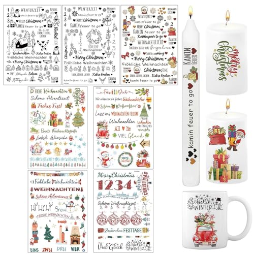 7 Stück Kerzentattoos Weihnachten, Weihnachten Thema Kerzen Wasserschiebefolie Sticker Kerzenfolie Folie Scrapbook Zubehör Kinder Weihnachten Sticker Schneemann Weihnachtsbaum Aufkleber von Changtai