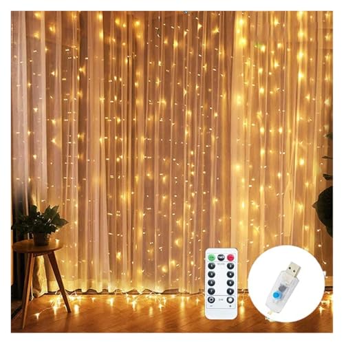 Changyina USB Lichter Urlaub Hochzeit Lichterkette for Schlafzimmer 3/4/6M Fernbedienung Vorhang Weihnachtsdekoration(Warm White,6MX3M 8 Mode-Remote) von Changyina