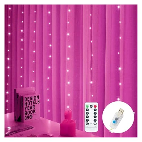 USB Lichter Urlaub Hochzeit Lichterkette for Schlafzimmer 3/4/6M Fernbedienung Vorhang Weihnachtsdekoration(Pink,6MX3M 8 mode-Remote) von Changyina