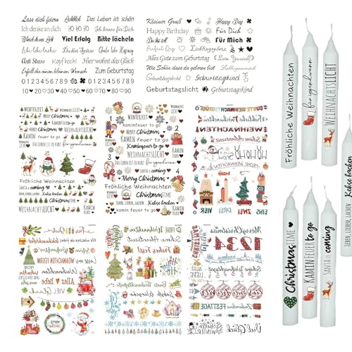 8 Stück Kerzentattoos Weihnachten Kerzenfolie, Wassertransferdruck Kerzenaufkleber, Wasserschiebefolie Kerzen Dekorieren, Weihnachts Sticker Adventskerze Kerzensprüche Für Kerzen/Keramik, 200+ Muster von Chansunokku