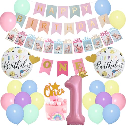 1. Baby Geburtstag Dekorationen Macaron First Birthday Banner Set mit HAPPY BIRTHDAY Banner "ONE" Hochstuhl und Foto Banner für Jungen Mädchen Neugeborene Geburtstag Babyparty von ChaoV