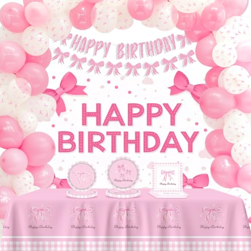 ChaoV Rosa Schleife Party Dekorationen, Conquette Geburtstag Dekorationen mit Rosa Schleife Teller Servietten für Verlobung Mädchen Geburtstag Babyparty Hochzeit von ChaoV